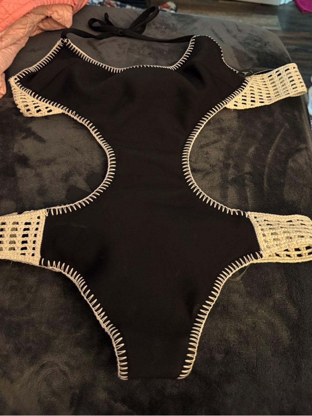 Victoria’s Secret Black and Cream Crochet-Trim One Piece Swimsuit Sz: XL - NWT!